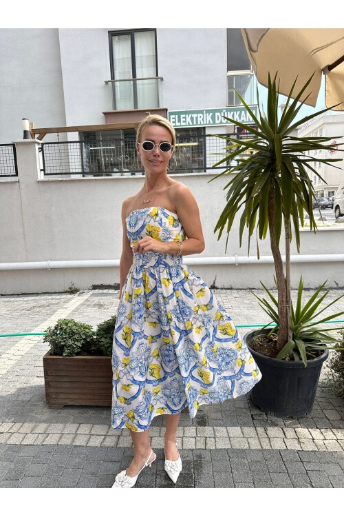 SF094 KUŞAKLI DESENLİ KISA ELBİSE