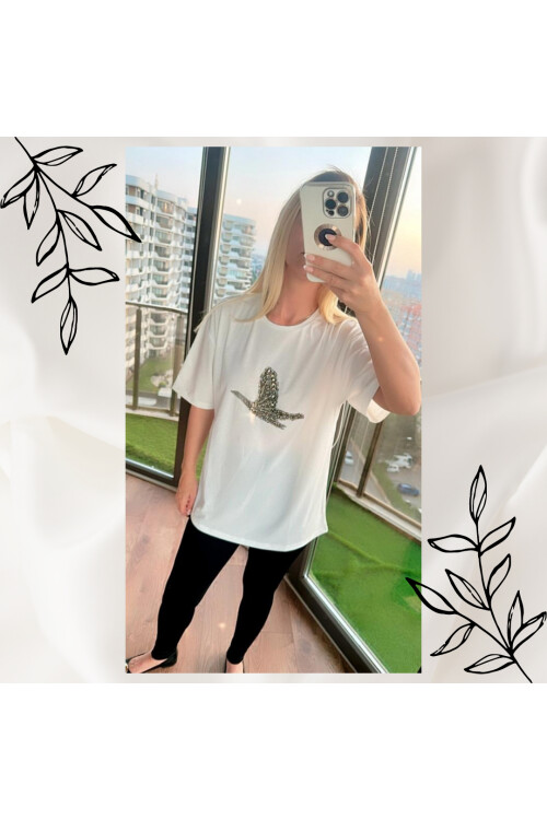 Taş İşleme Kuşlu Tişört
